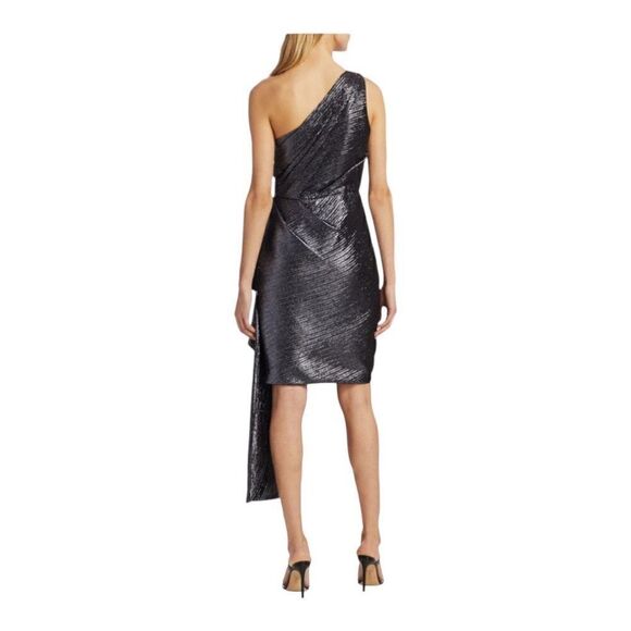 Pamella Roland Metallic One Shoulder Asymmetric Cocktail Dress Size 6 - Picture 3 of 10